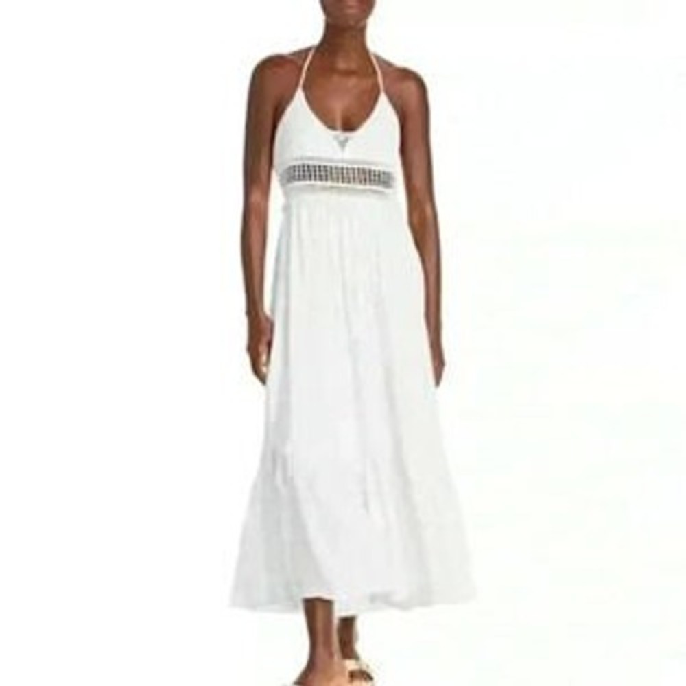 AQUA White Crochet Halter Maxi Dress Bohemian Tiered Tassel Summer L‎